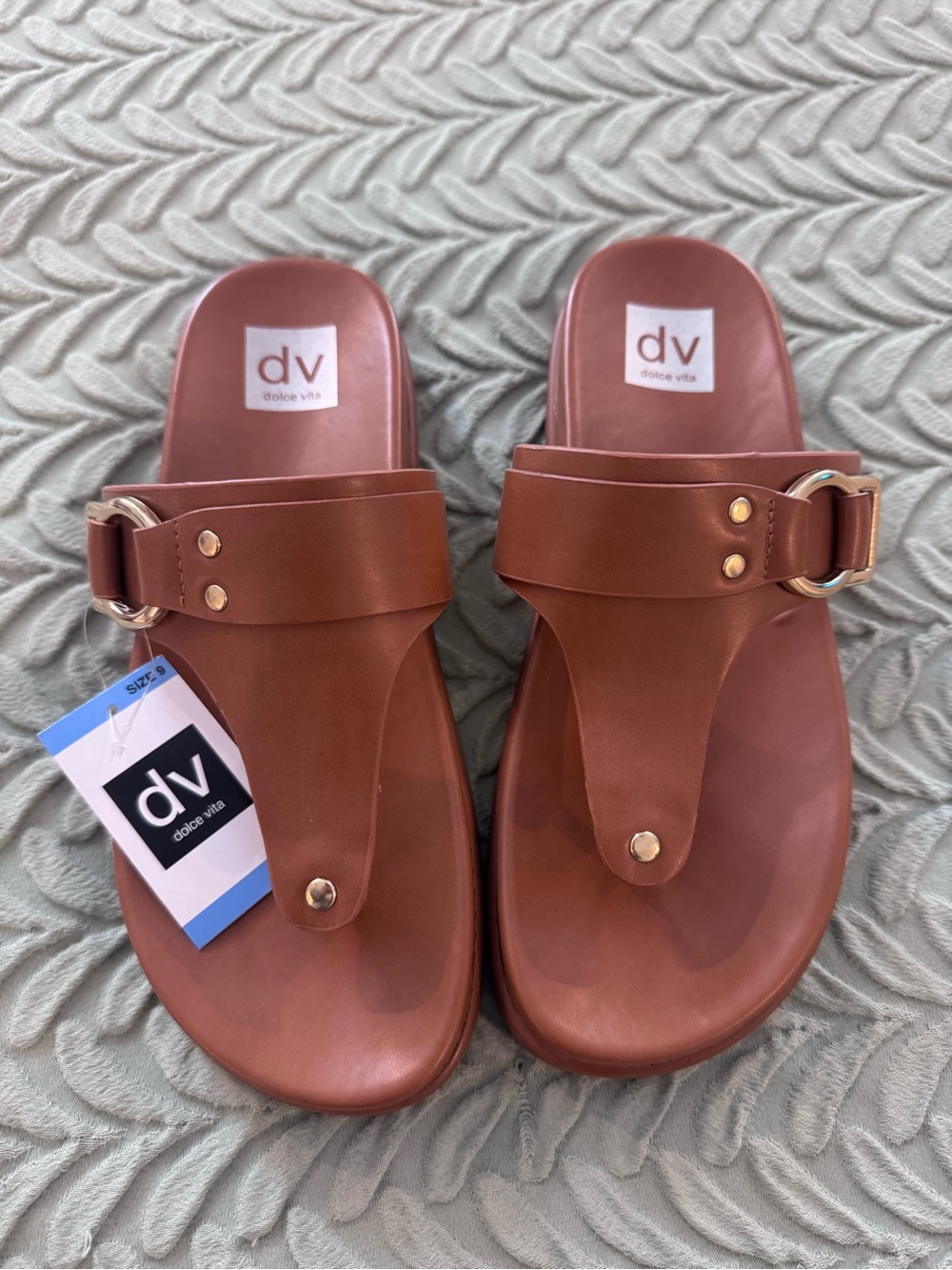 Dolce Vita Brown Leather Toe-Post Slide Sandals with Buckle Accent